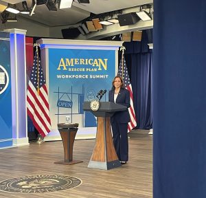 Vice President Kamala Harris speaks at the White House Summit on on the American Rescue Plan and the Workforce